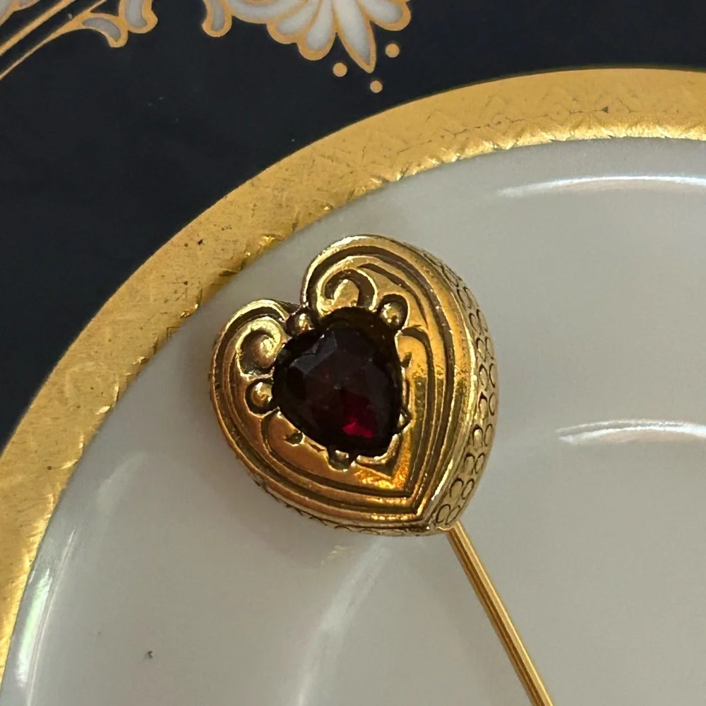 Vintage Victorian Revival Red Glass Heart Stick Pin